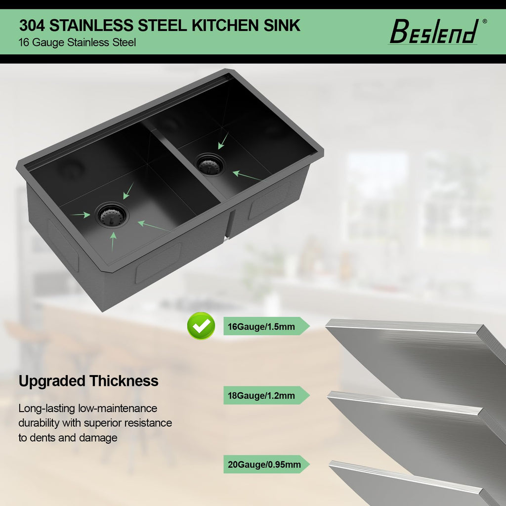 30 Gunmetal Black Undermount Kitchen Sink Double Bowl