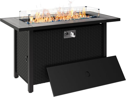Walsunny 45 inch Outdoor Propane Fire Pit 50,000 BTU Gas Fire Pit Table with Lid, Glass Wind Guard, Waterproof Cover, Rectangle Gas Firepit Table for