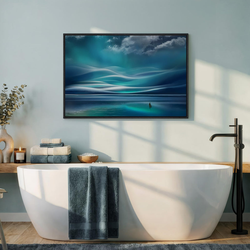Black Framed Coastal Sailboat Canvas Wall Art, Teal Ocean Landscape Prints Paintings Artwork for Walls, Nautical Wall