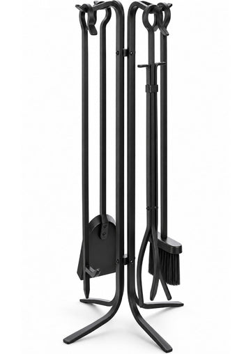 Hand Forged Fireplace Tool Set with Stand, Wrought Iron 5 Piece 28 Inch Steel Fire Tools, Poker Tongs Shovel Brush