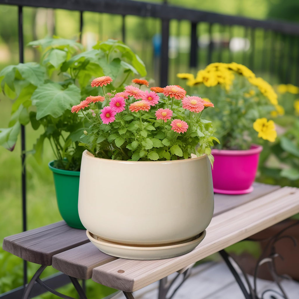 Ceramic Plant Pots - 9 Inch Round Planter, Ceramic Flower Pots with Drainage and Saucer, Modern Indoor Outdoor
