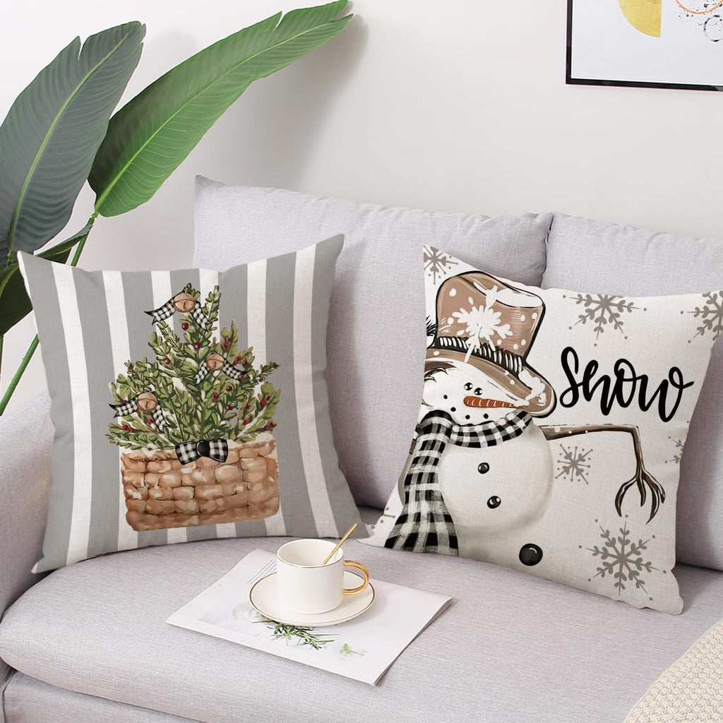Black White Buffalo Check Plaids Christmas Pillow Covers 18x 18 Inches (Gray Stripe)