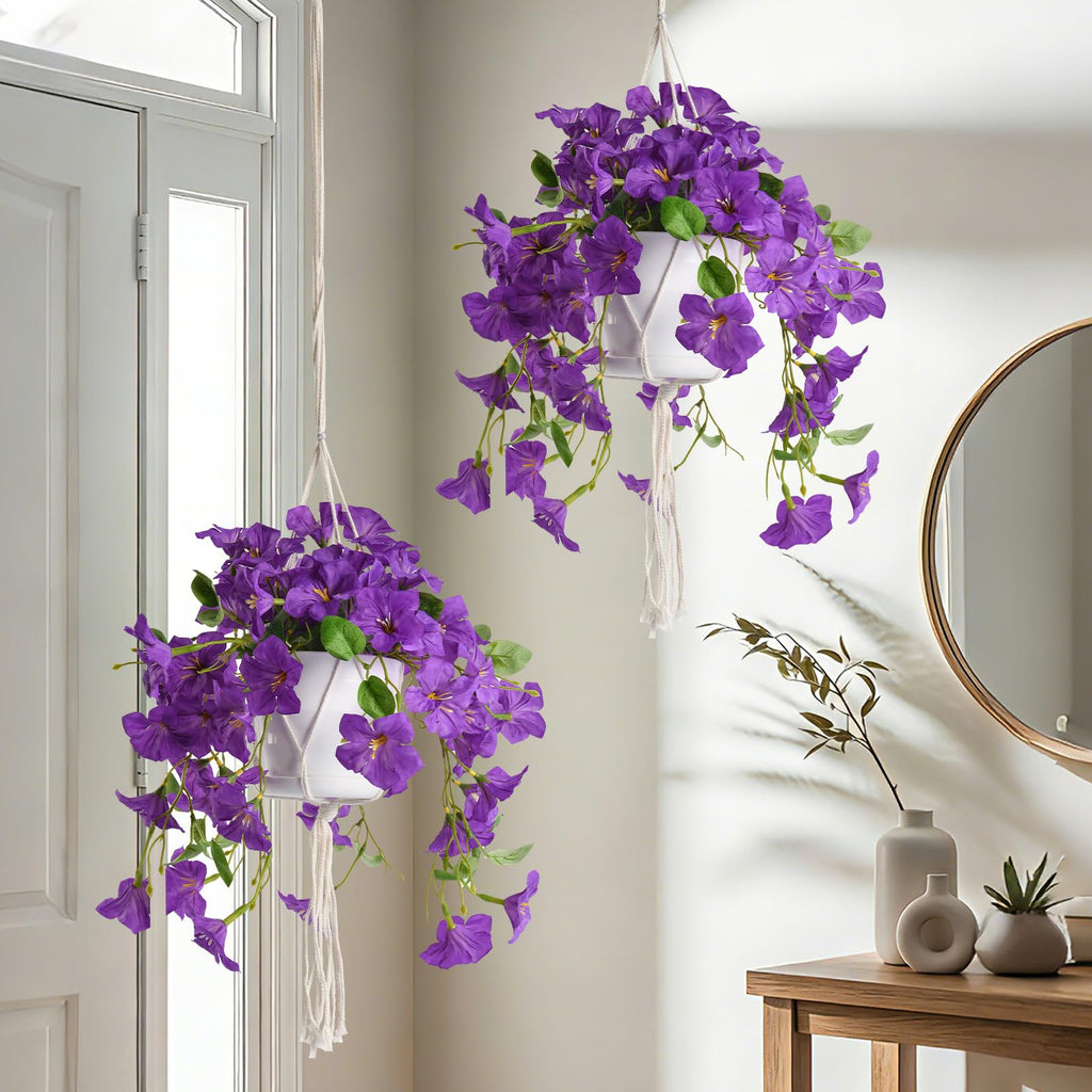 2 Sets Artificial Hanging Fake Flowers with Basket for Outdoors