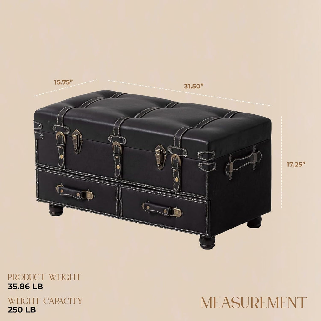 Vintage Storage Bench Upholstered Mid-Century Storage Ottoman Bed Bench Padded Storage Chest , Matte Black