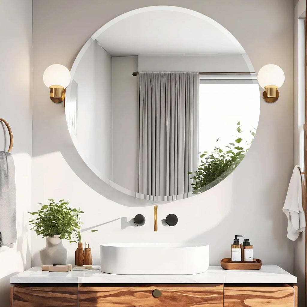 28 Inch Round Frameless Bathroom Mirror, Beveled Round Mirror