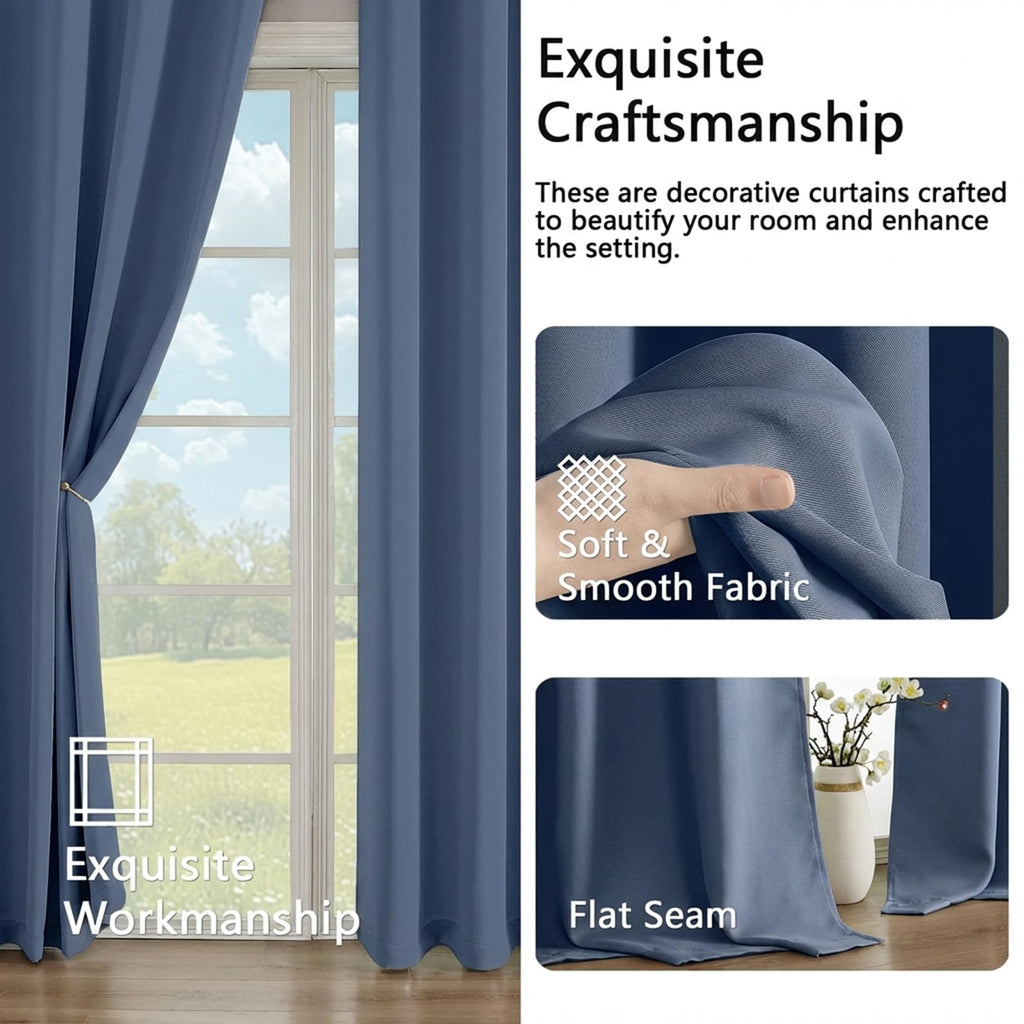 Denim Extra Long 10ft Curtains 120 Inches Long 2 Panels Set, Room Darkening Light Blocking Solid Thermal Insulated