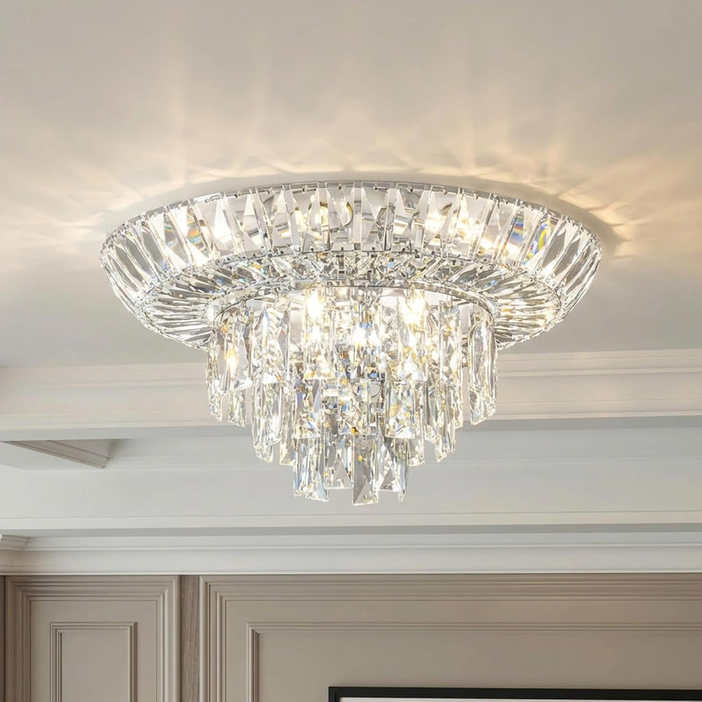 20" Modern Crystal Flush Mount Ceiling Light, 12-Light Tiered Chandelier with Chrome Frame & Rectangular Prism