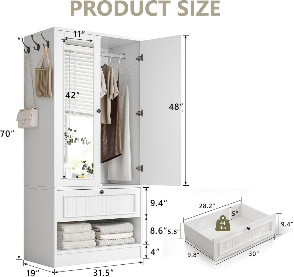 Armoire Wardrobe Cabinet with Mirror and Drawer, 70" 2-Door Wooden Closet Organizer Storage, White