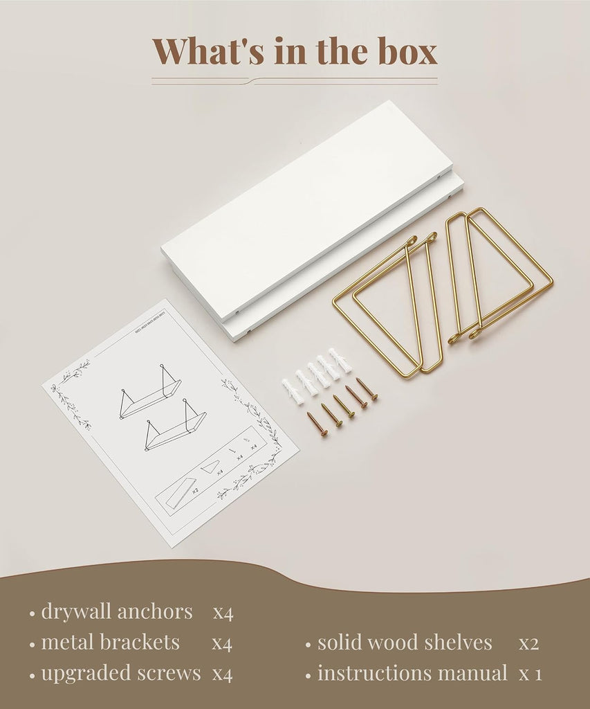 Floating Shelves for Wall, White and Gold Shelf, Display Wall Shelves | Hanging Bookshelf with Bracket, Solid Wood