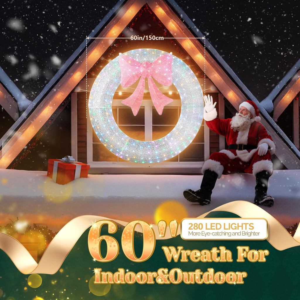 60IN Prelit Outdoor Christmas Wreath Decoration, Large Silver Lighted Metal Front Door Garland with Pink Bow, 280 RGB