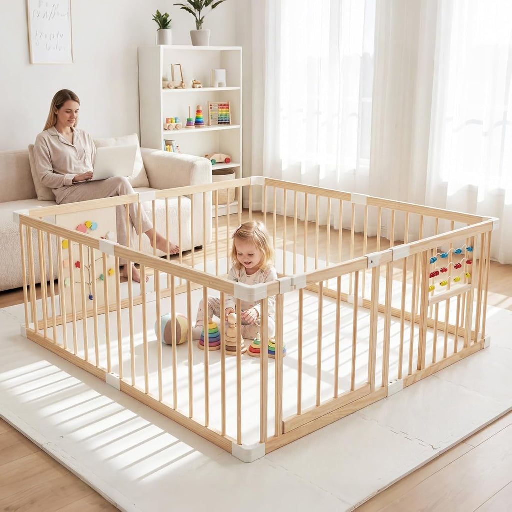 Wooden Baby Playpen with Adjustable Size & Shape, 8 Panels, Child Proof Lock, Easy to Assemble, 63" x 63" Portable