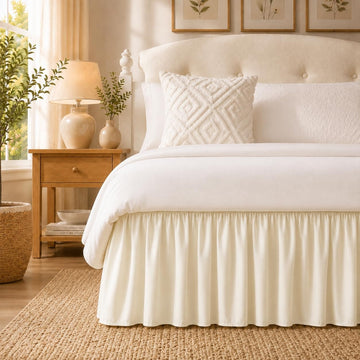 Cream Bed Skirt 15 Inch Drop, Elastic Bed Skirting for Bed Base and Frame, Bedding Dust Ruffle Easy to