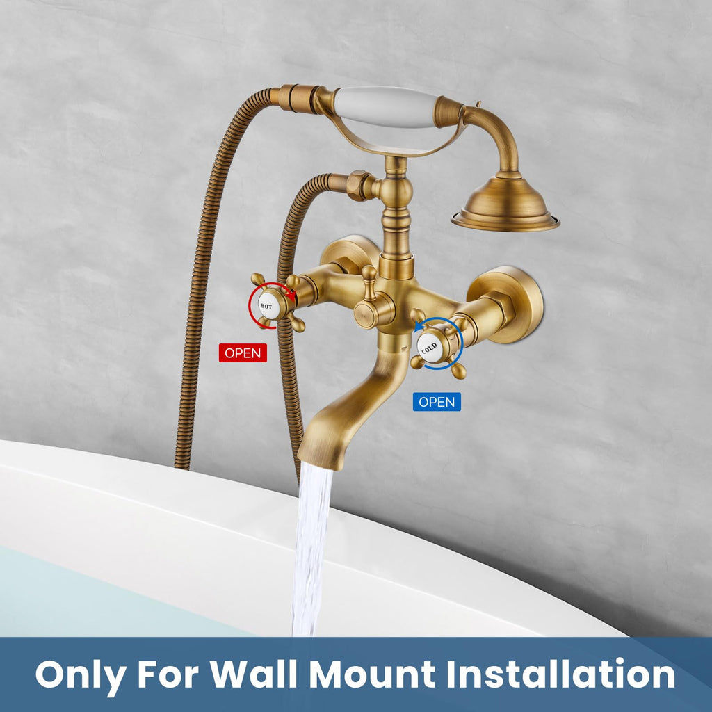 Cross Handle Antique Brass Tub Faucet with Handheld Shower
