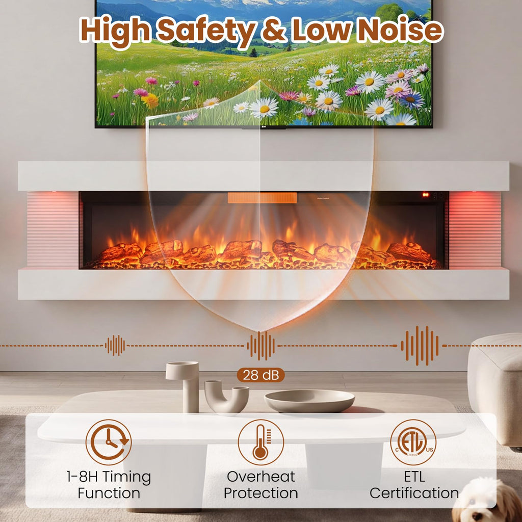 3 Sided Wall Mount Electric Fireplace w/ 60" Floating Mantel, White