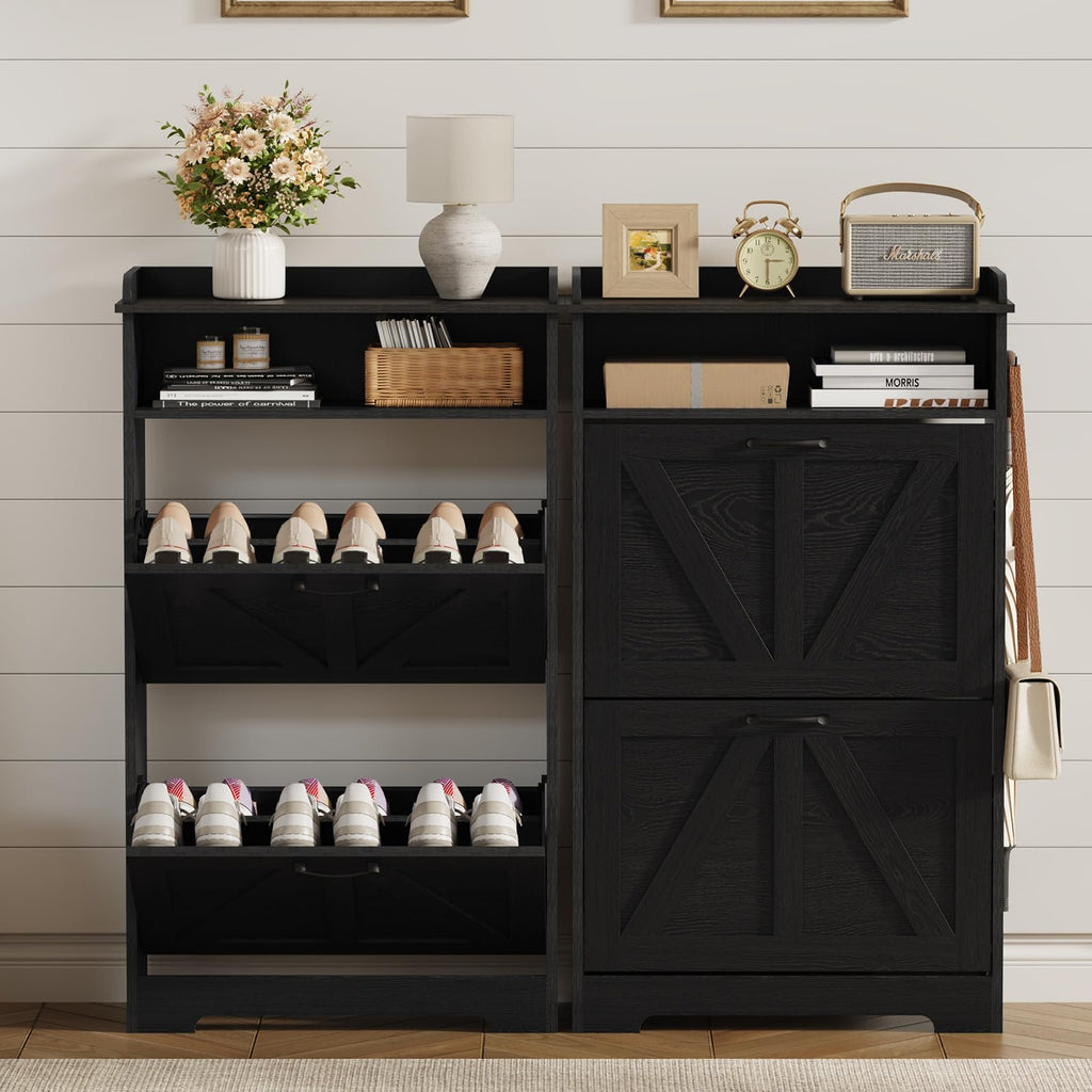 Farmhouse Narrow Shoe Cabinet with 2 Flip Drawers, 23.6" W Black