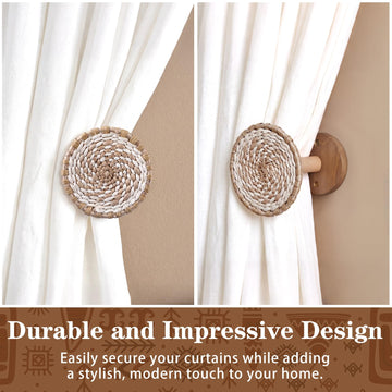 Boho Curtain Holdbacks Rattan Tiebacks, Round White - 2 Pack