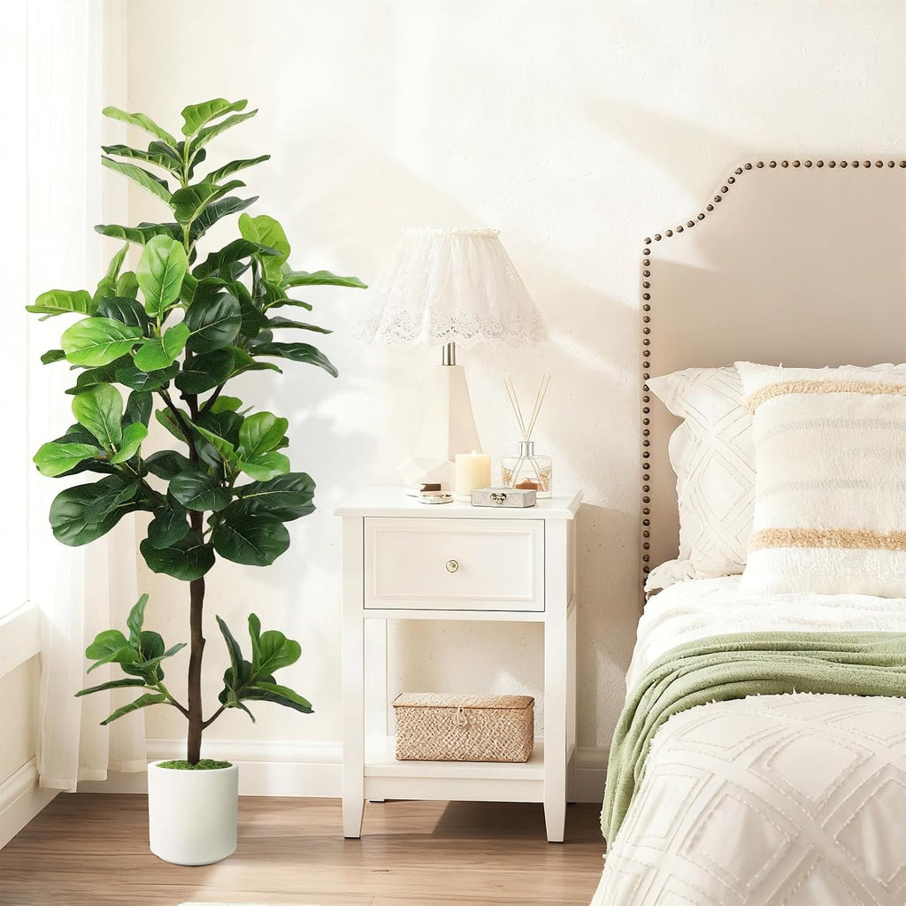 5FT Artificial Fiddle Leaf Fig Tree with White Planter & Fake Moss, Realistic Faux Ficus Lyrata Floor Plant Home