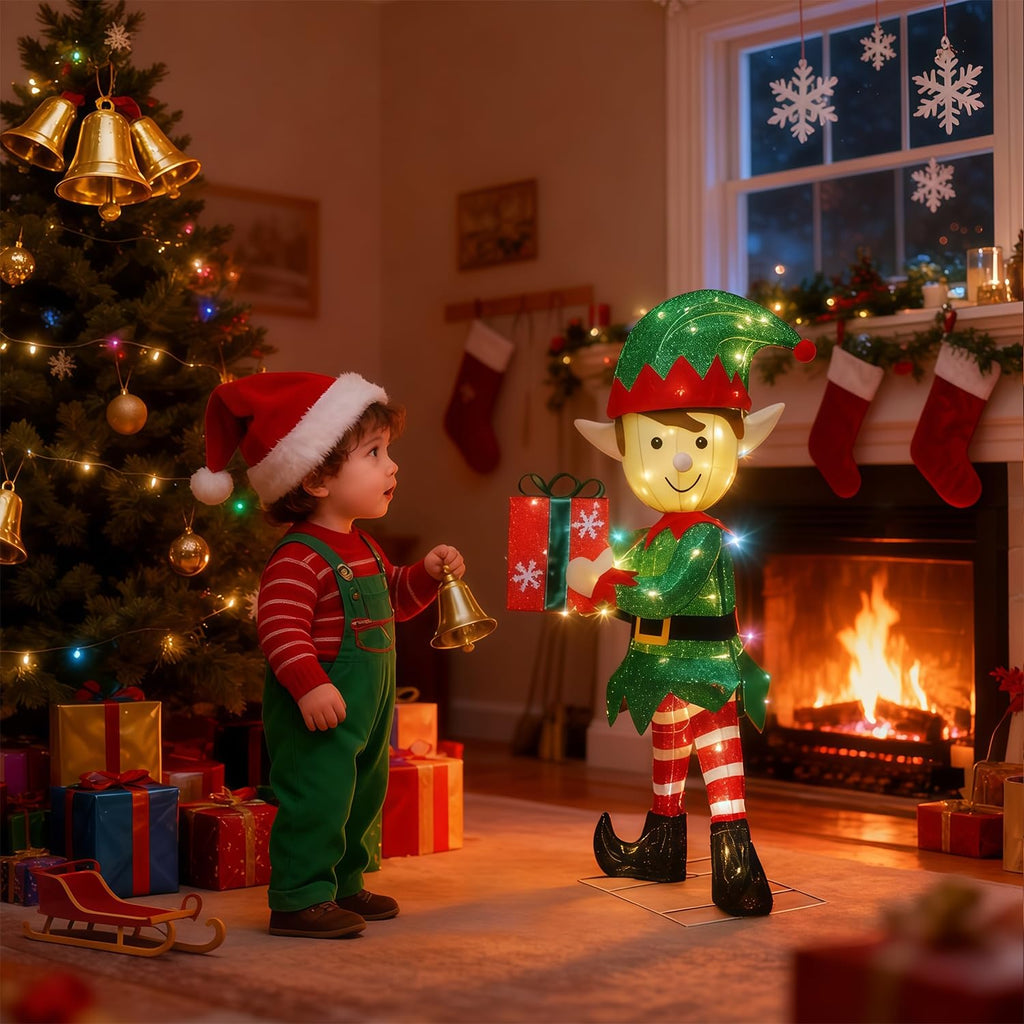 Lighted Christmas Outdoor Decor, 38" Height Pre-Lit 3D Tinsel Xmas Green Elf Figure, Light Up Xmas Yard Displays