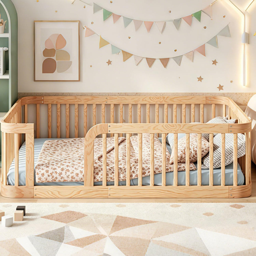 Full Size Montessori Floor Bed with 24" High Fence & Rounded Corners Design, Sturdy Wood Montessori Bed Frame, No