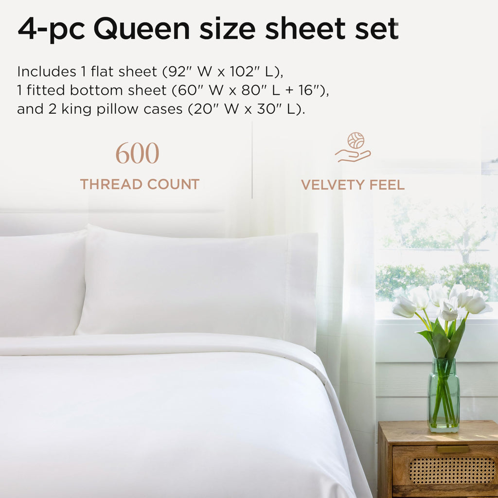 600 Thread Count Cotton Queen Sheet Set, Sateen, White, 4-Piece