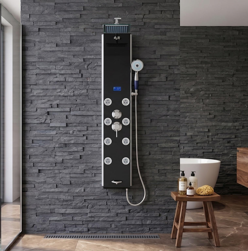 52" Aluminum SPA392B Shower Panel Tower System with Rainfall Shower Head and 8 Adjustable Massage Jets (Black)