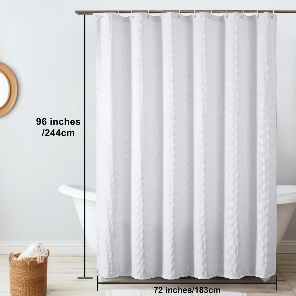 Extra Long White Shower Curtain Set- 96 Inch Long Waffle Weave Heavy Duty Fabric Shower Curtains, Luxury Heavy Duty