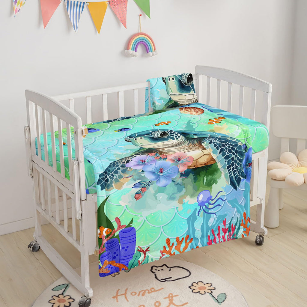 Crib Bedding Set,3pcs Nursery Cartoon Turtle Ocean Printed Crib Bedding Set,with Comforter Sheet & Skirt for Baby