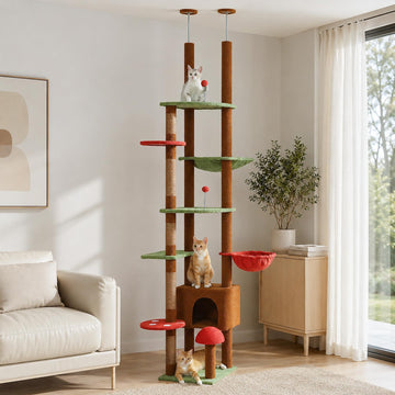 Floor to Ceiling Cat Tree, Height Adjustable 90.5-100.4'', Brown