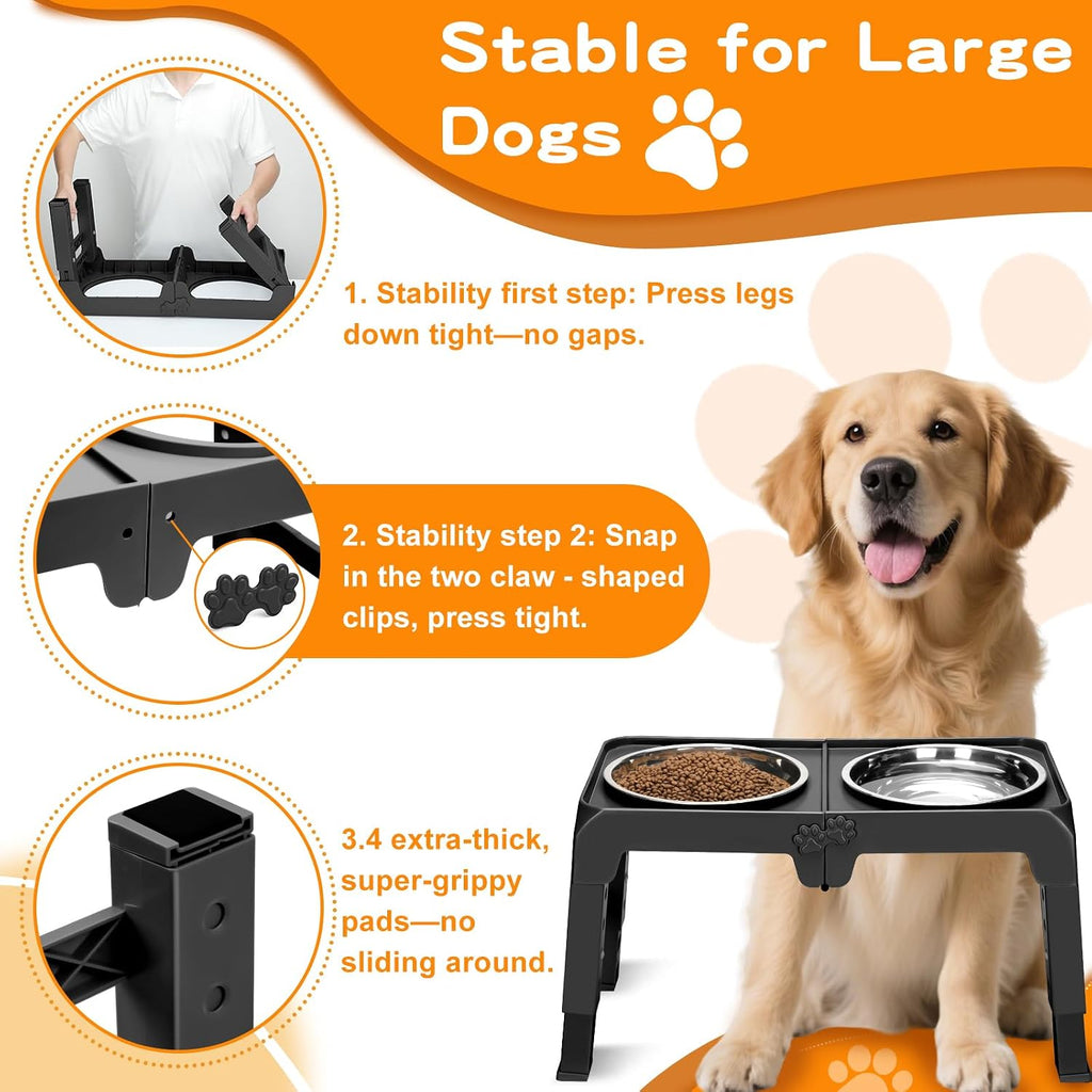 Elevated Dog Bowls for Large Dogs 5 Adjustable Heights 7.5"-15.4", 2 X-Large 10" Stainless Steel Bowls, Heavy Duty