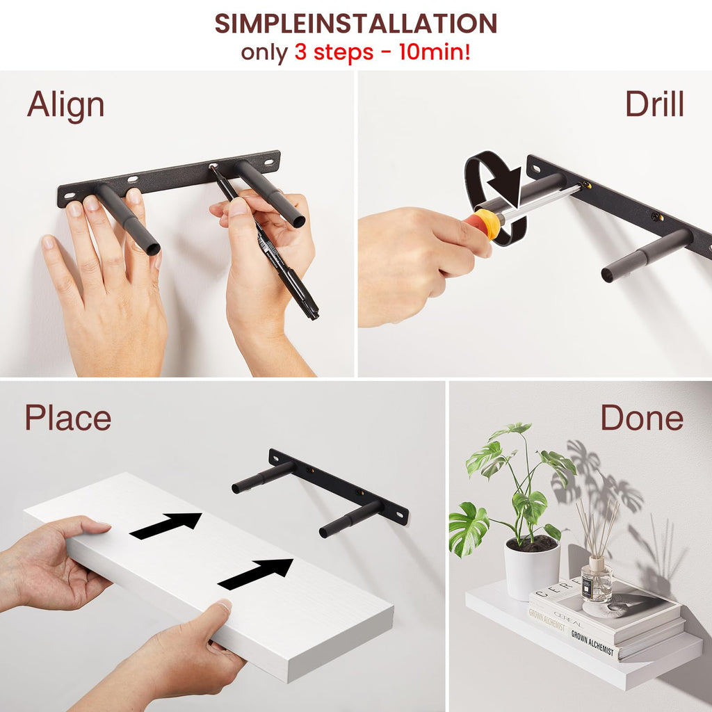 White Floating Shelves 15.7in, Set of 4, Wall Mount Rustic Wood Shelf