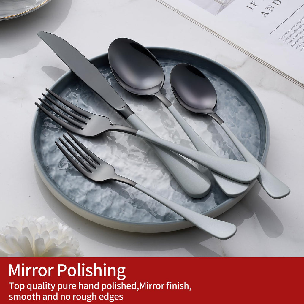 20-Piece Black Silverware Set 18/0 Stainless Steel Flatware Gray Handle Cutlery Set Service for 4 Dinner Knives Forks