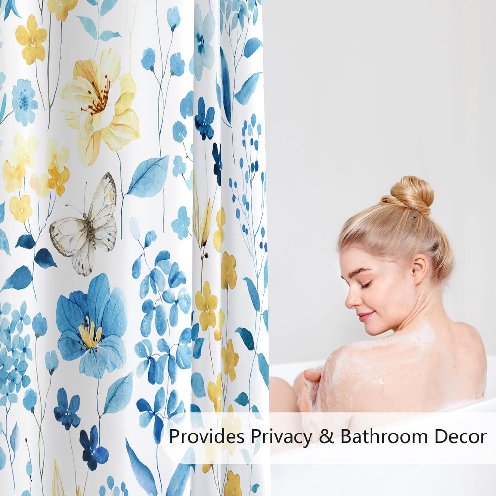 Small Stall Shower Curtain 36x72 Inch, Half Narrow Blue Yellow Floral Decor