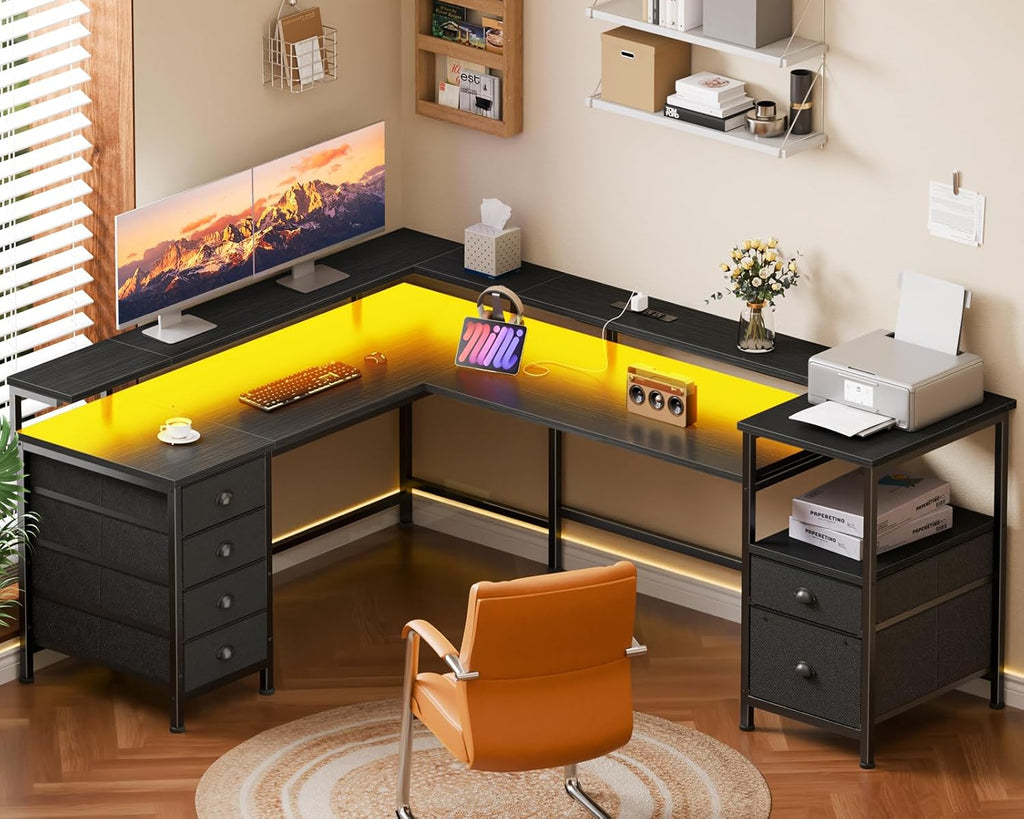 66'' L Shaped Gaming Desk with 6 Drawers, LED, Outlets, Black | Reversible Large Corner Computer Desk with Printer