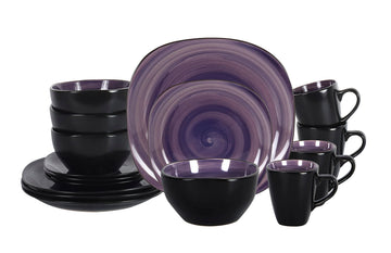 16-Piece Square Dinnerware Set - Serves 4, Inside Spinwash Swirl Purple + Outside Black Plates & Bowls Set