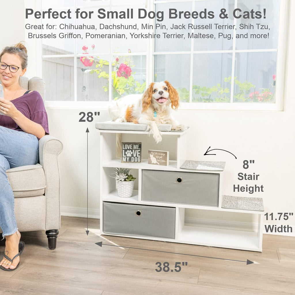Pet Step Window Perch Bookshelf w/ Storage Baskets 28" Tall Dog and Cat Perch, 8" Stair Height Multi-Functional