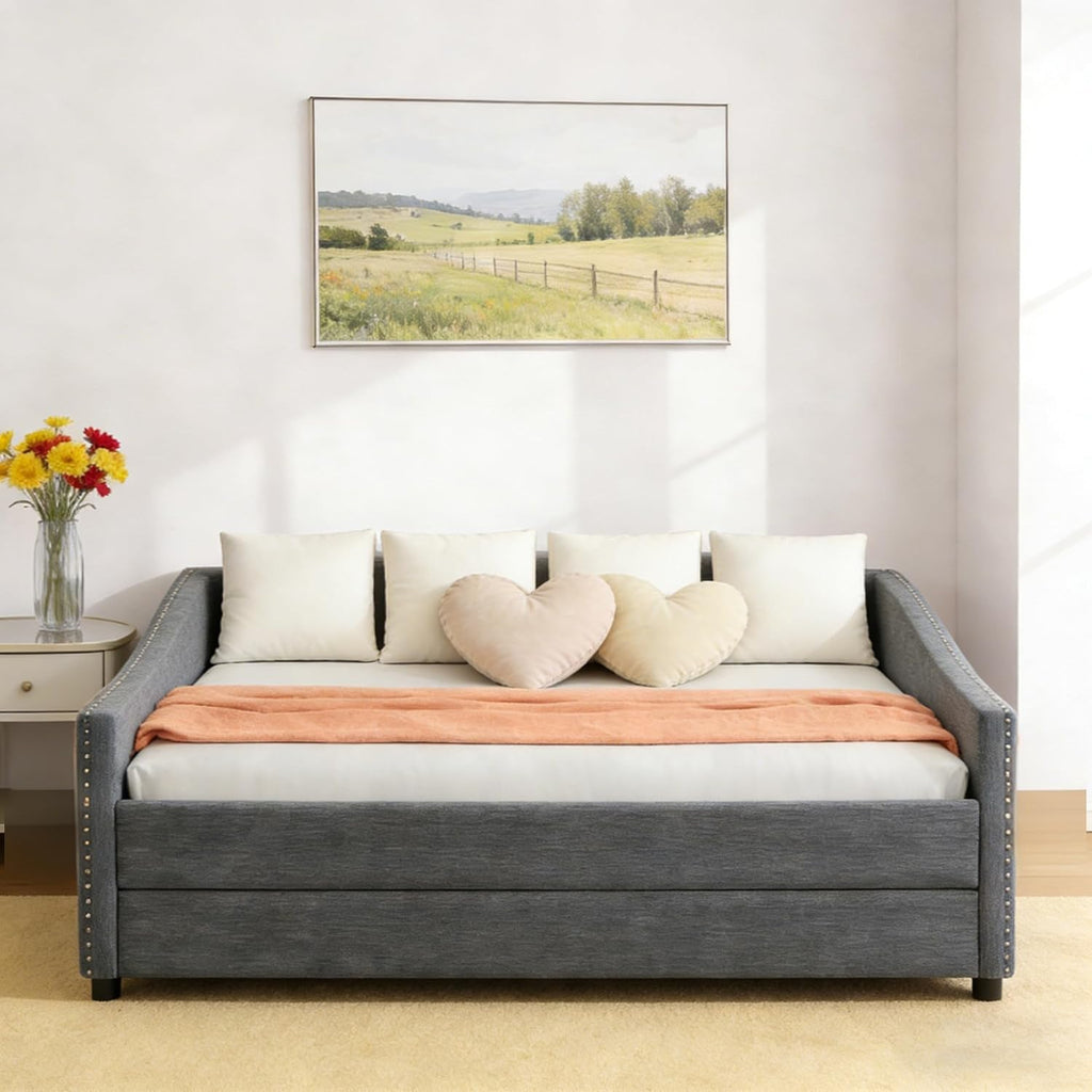 Full Size Upholstered Daybed with Trundle | Twin Size Trundle,Button-Tufted Back, Piping on Waved-Shape Arms, Solid