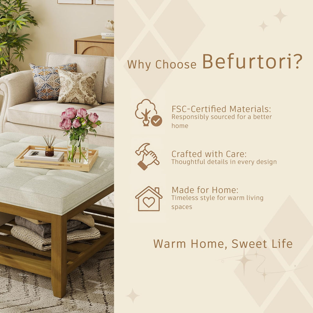 Ottoman With Storage Bench, Linen Ottoman Coffee Table, Ivory