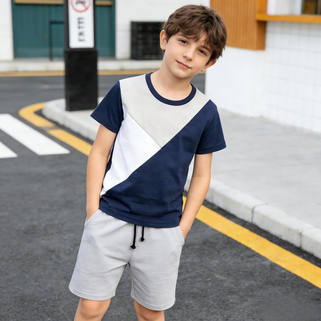 Boy Clothes Colorblock Top + Drawstring Waist Shorts 2 Pieces Kid Summer Outfits Set