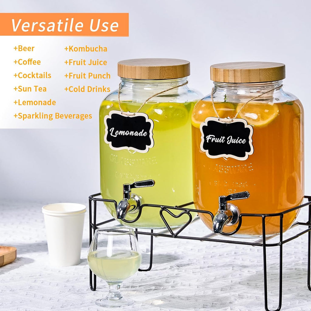 1Gallon for Parties, Beverage Dispenser with Stand and Fruit Infuser,Lemonade Dispenser with Stainless Steel - Set of 2