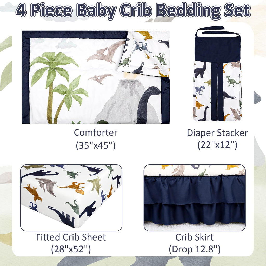 4-Piece Crib Bedding Set, Baby Nursery Bedding Sets for Boys Includes Comforter, Fitted Crib Sheet, Crib Skirt, and
