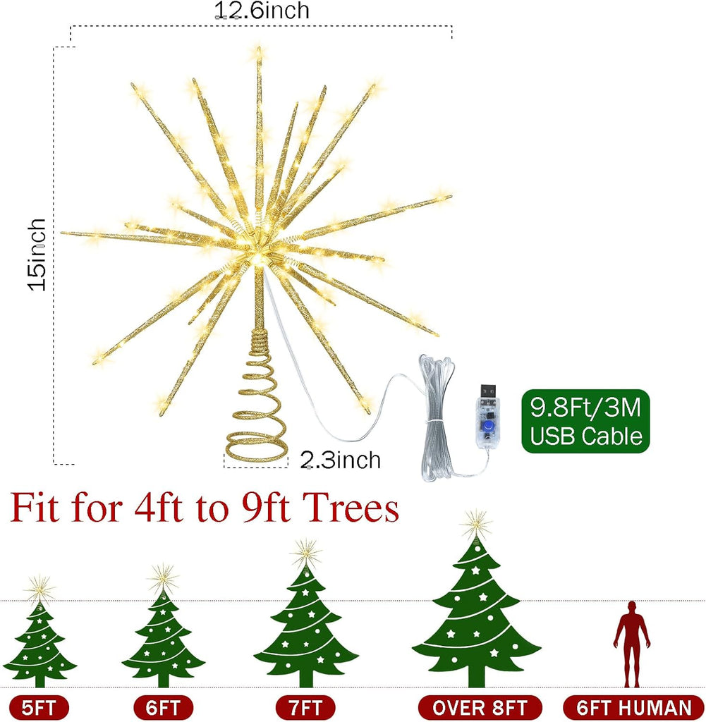 15 Inch Starburst Christmas Star Tree Topper with 150 Lights & Remote, Gold