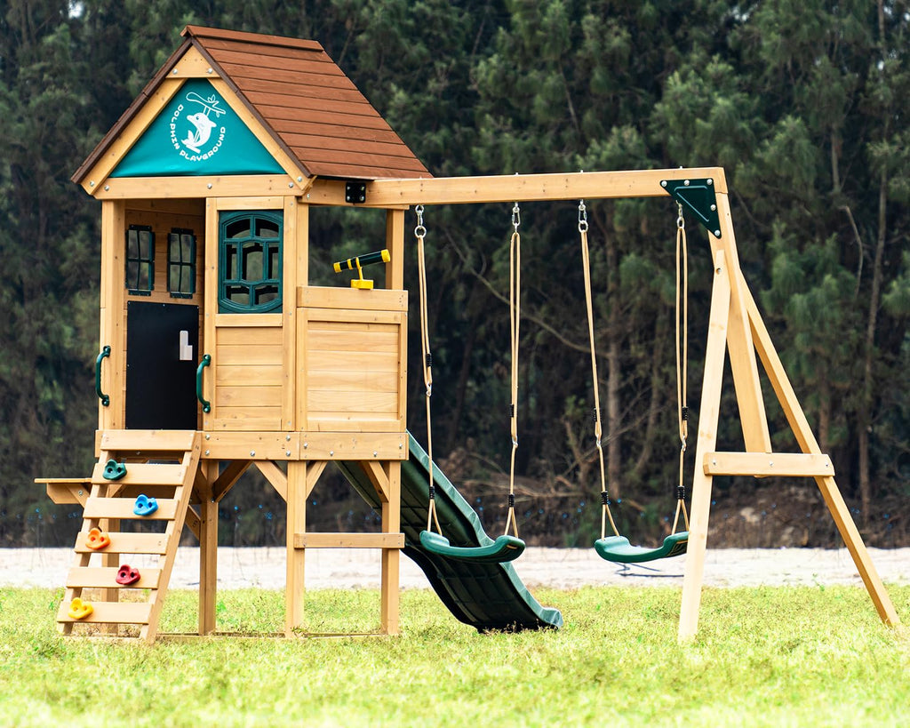 Playground Cedar Wooden Swing Set for Backyard with Playhouse