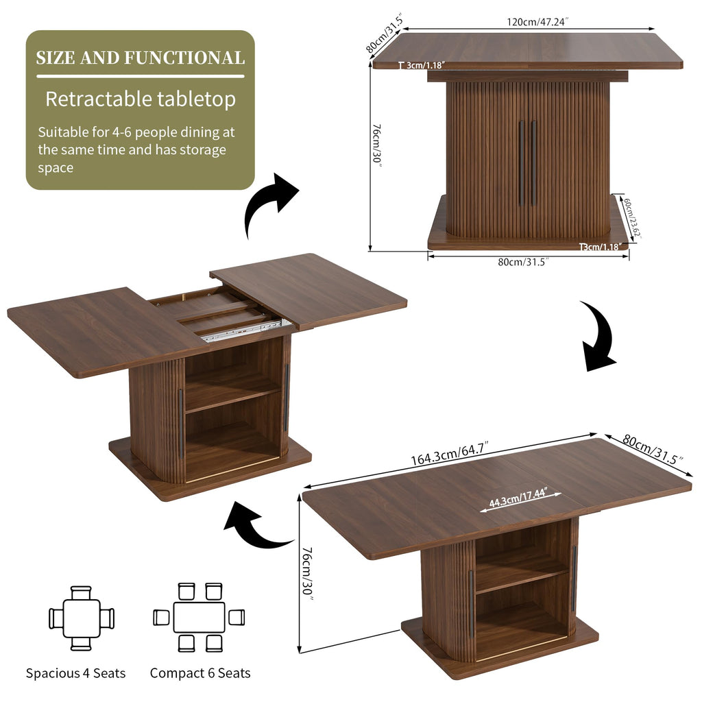 Extendable Dining Room Table for 4-6, 47-65 Inch Rectangle Kitchen Dining Table with Large Storage, Fluted Sliding