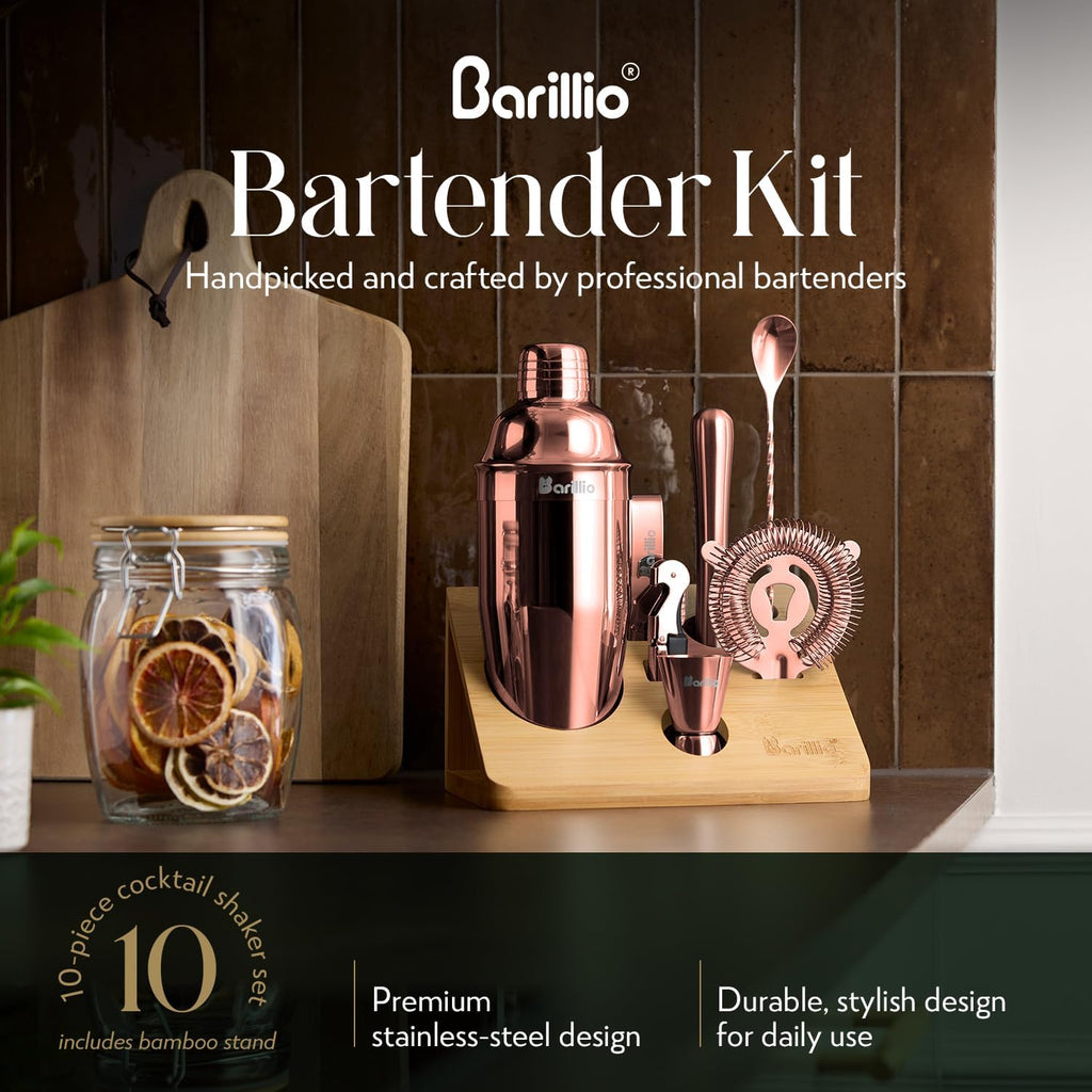 Rose Gold Bartender Kit - Stainless-Steel Cocktail Shaker Set w/Bamboo Stand - Mixology Bar Tools w/Shaker, Drink