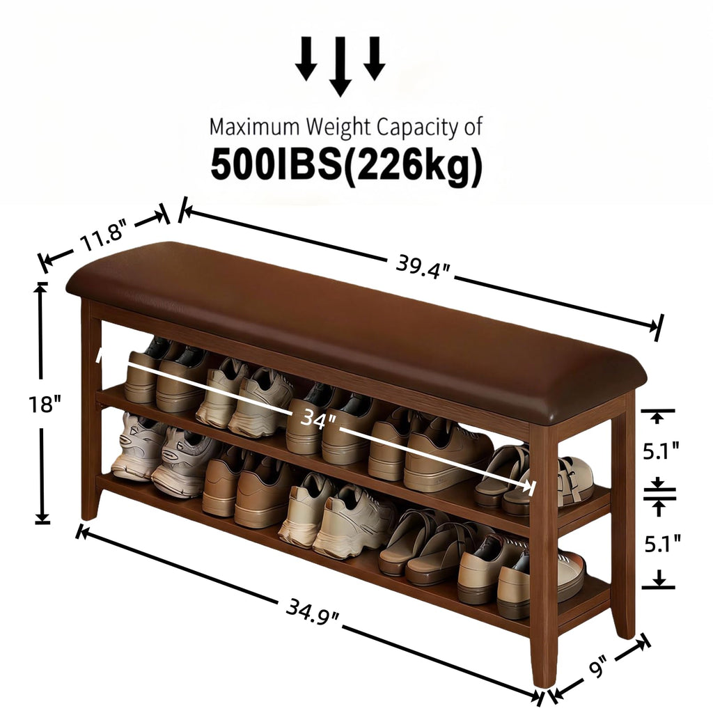 Wooden Shoe Storage Bench with Leather Cushion, Dark Brown, 39.4"