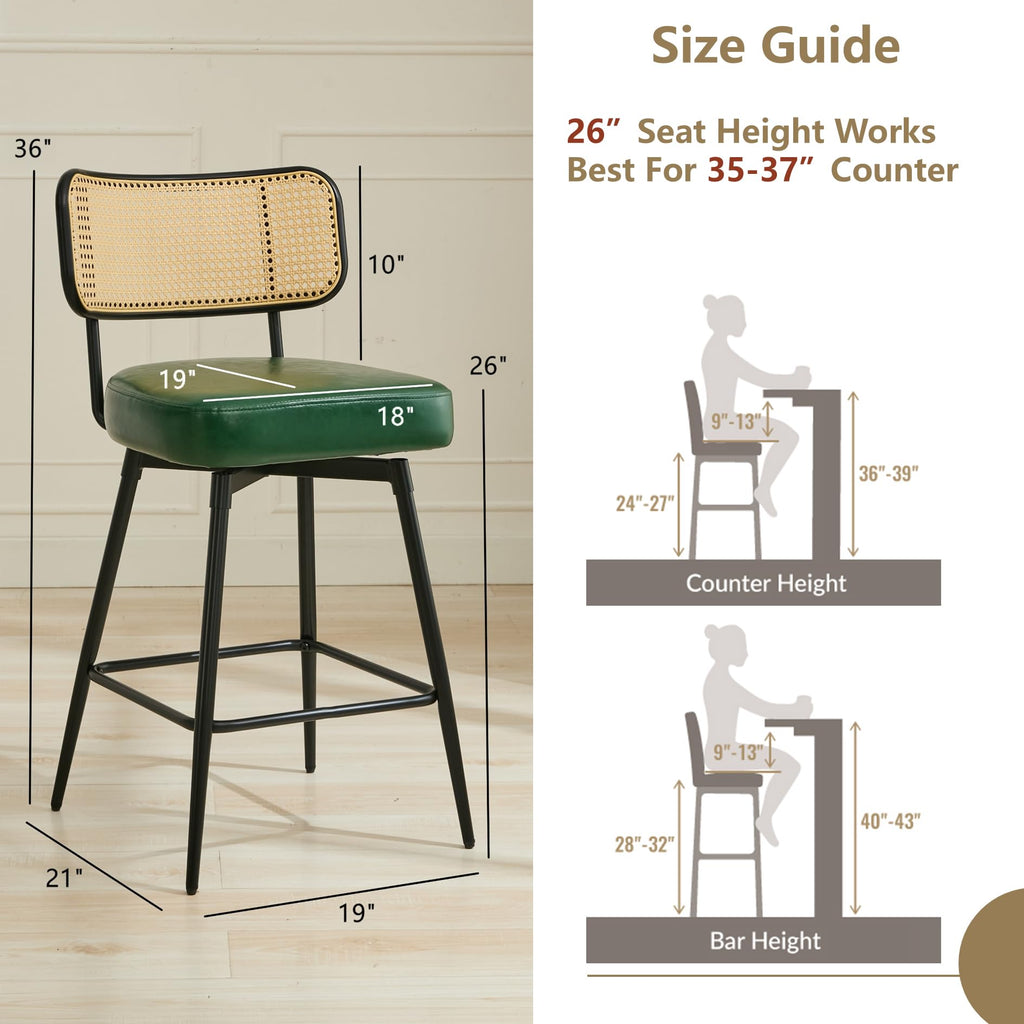 Rattan Bar Stools Set of 2, Swivel Counter Height, Green