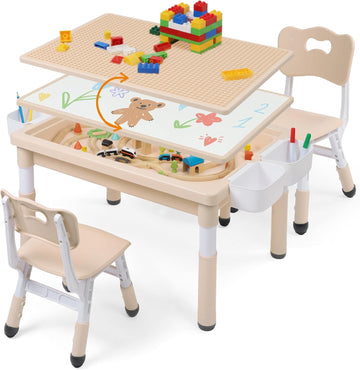 Kids Table and Chairs Set Large Storage, Height Adjustable