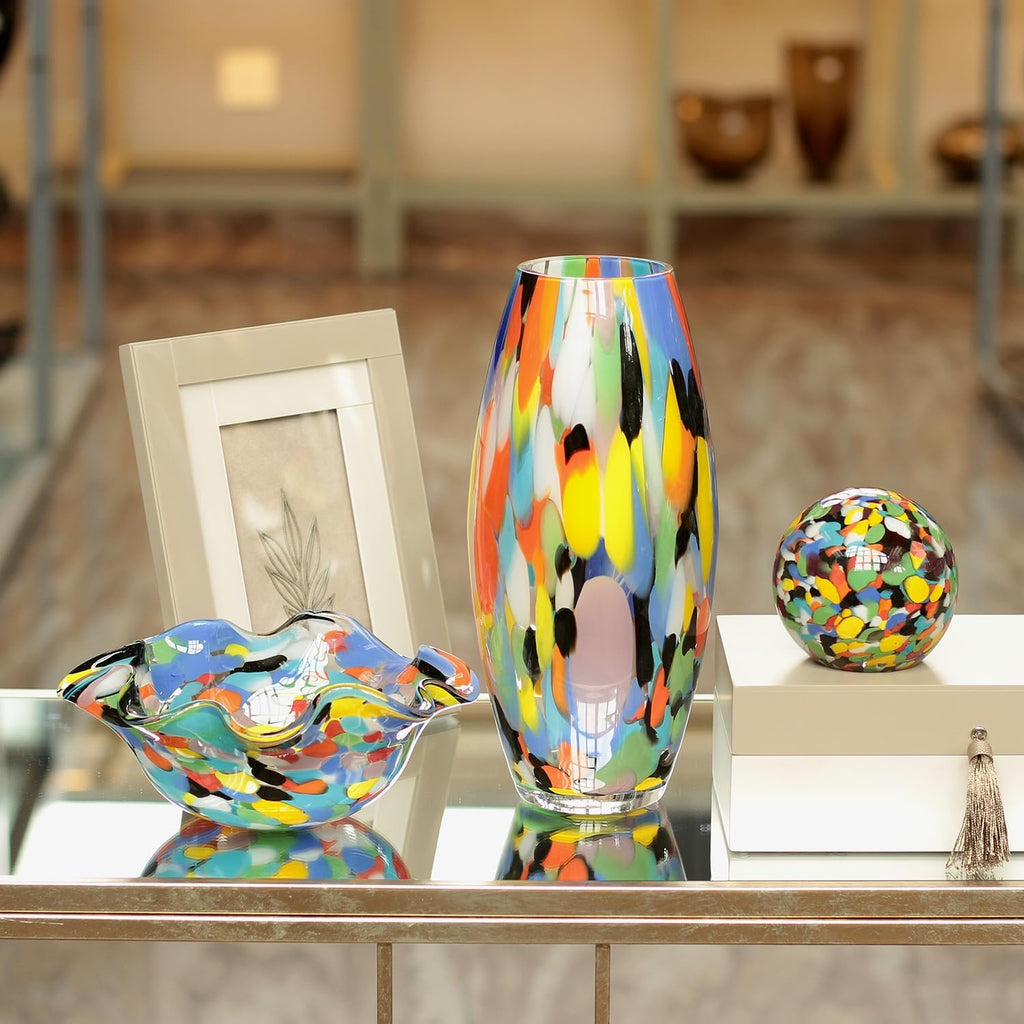 Murano Style Art Glass Vase Hand Blown Colorful Confetti Effect Home Decor | Hand Blown Glass Vase, Decorative Table