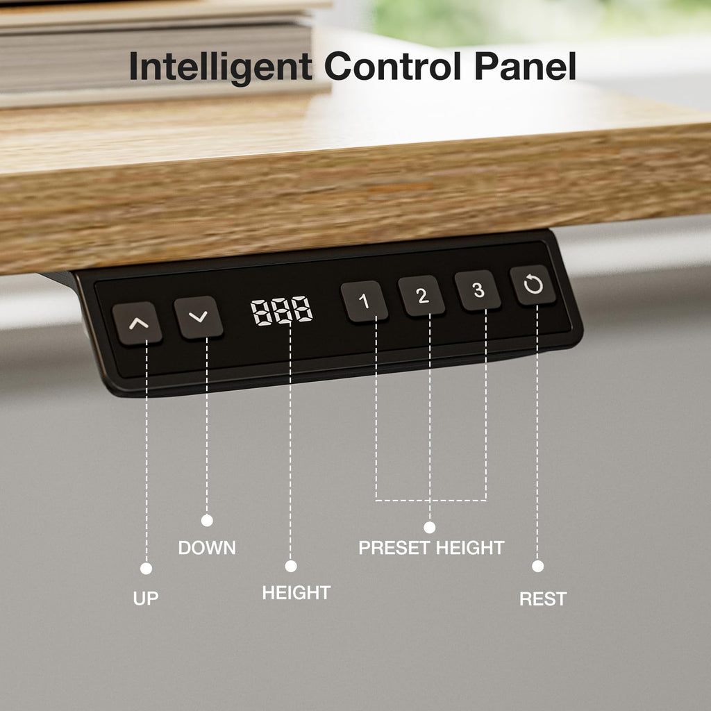 59" L Shaped Standing Desk with Cable Tray, Reversible, Oak
