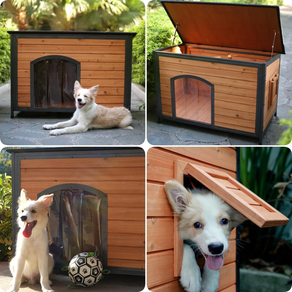 Outdoor Wooden Dog House Weatherproof Metal Frame Chew Proof Pet Shelter